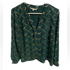Cleo Petites Emerald Green Gold Print Blouse Top - Size Medium M